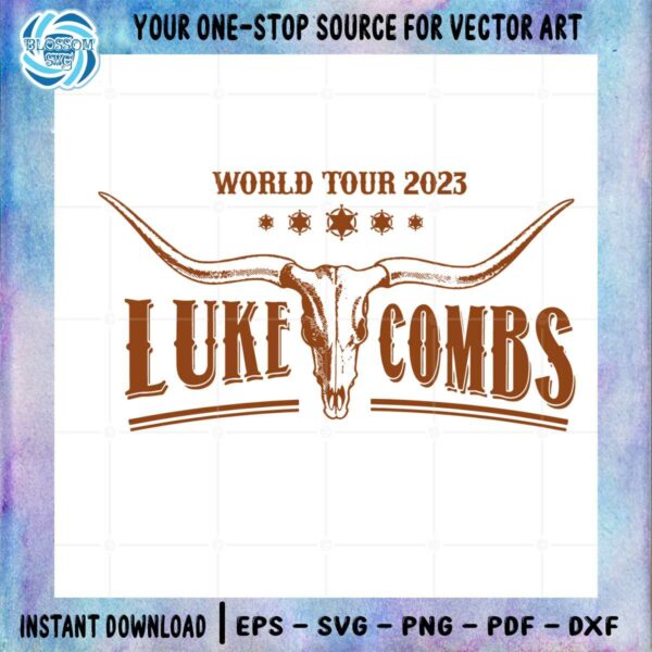luke-combs-world-tour-2023-retro-western-country-music-bull-skull-svg