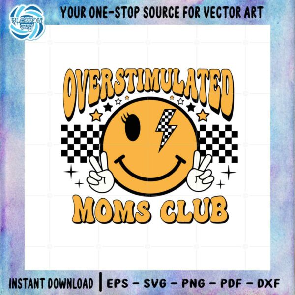Overstimulated Moms Club Smiley Gold Checkered Bolt Svg