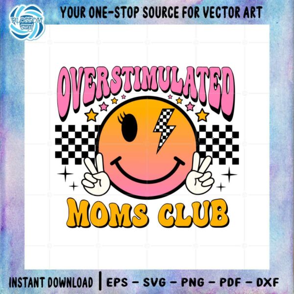 Overstimulated Mom Club Smiley Pink Checkered Bolt Svg