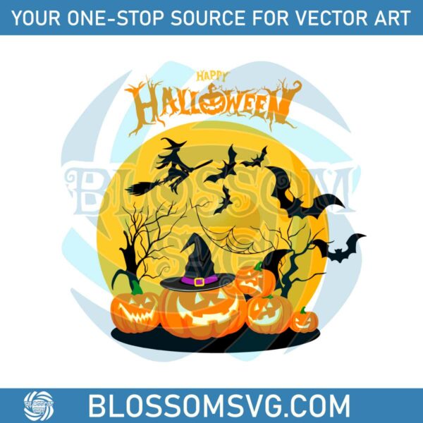 Vintage Happy Halloween Pumpkin Witch SVG Digital File