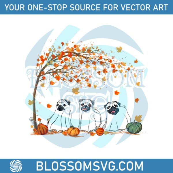 Halloween Pug Ghost Cute Under Fall Tree PNG Download