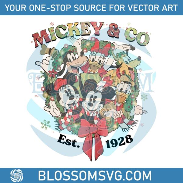 Vintage Mickey And Co Est 1928 Christmas Wreath PNG File