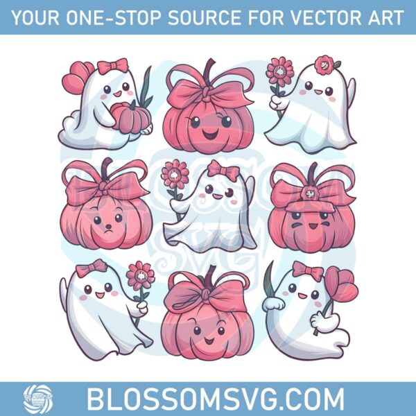 pink-ghost-coquette-bow-retro-fall-pumpkin-bow-png