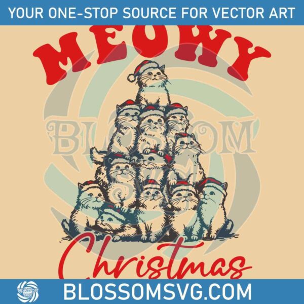 Meowy Christmas Cat Santa Hat Retro Vintage SVG